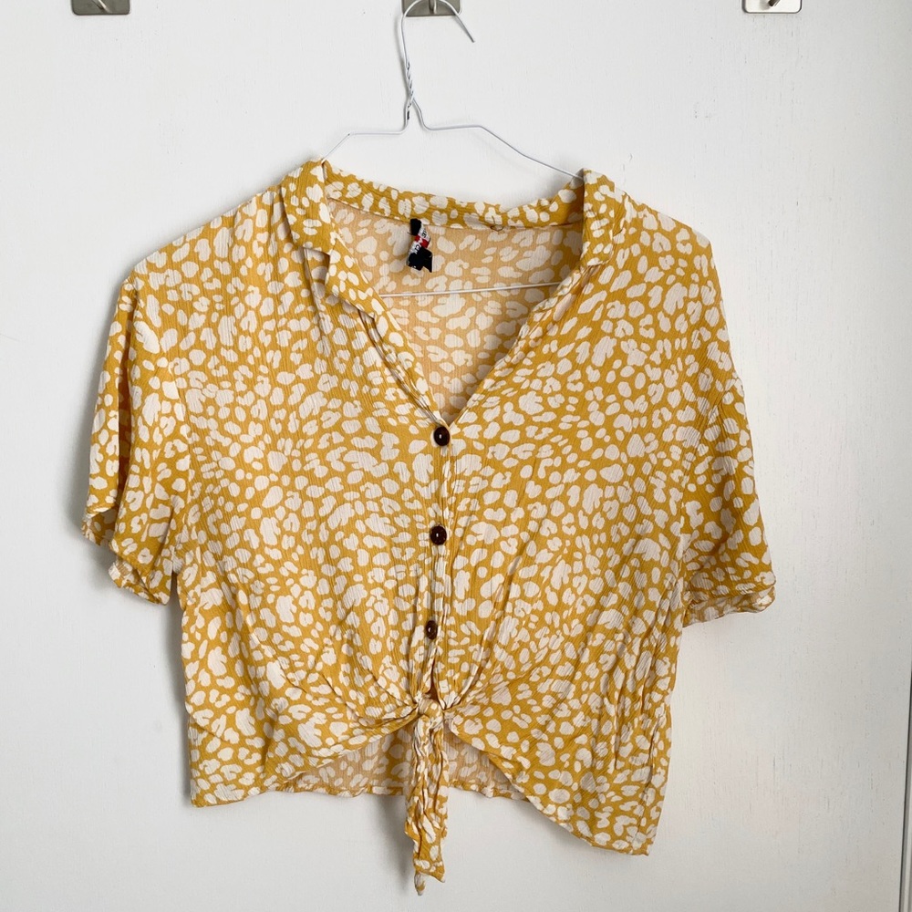 mustard animal print button down blouse
